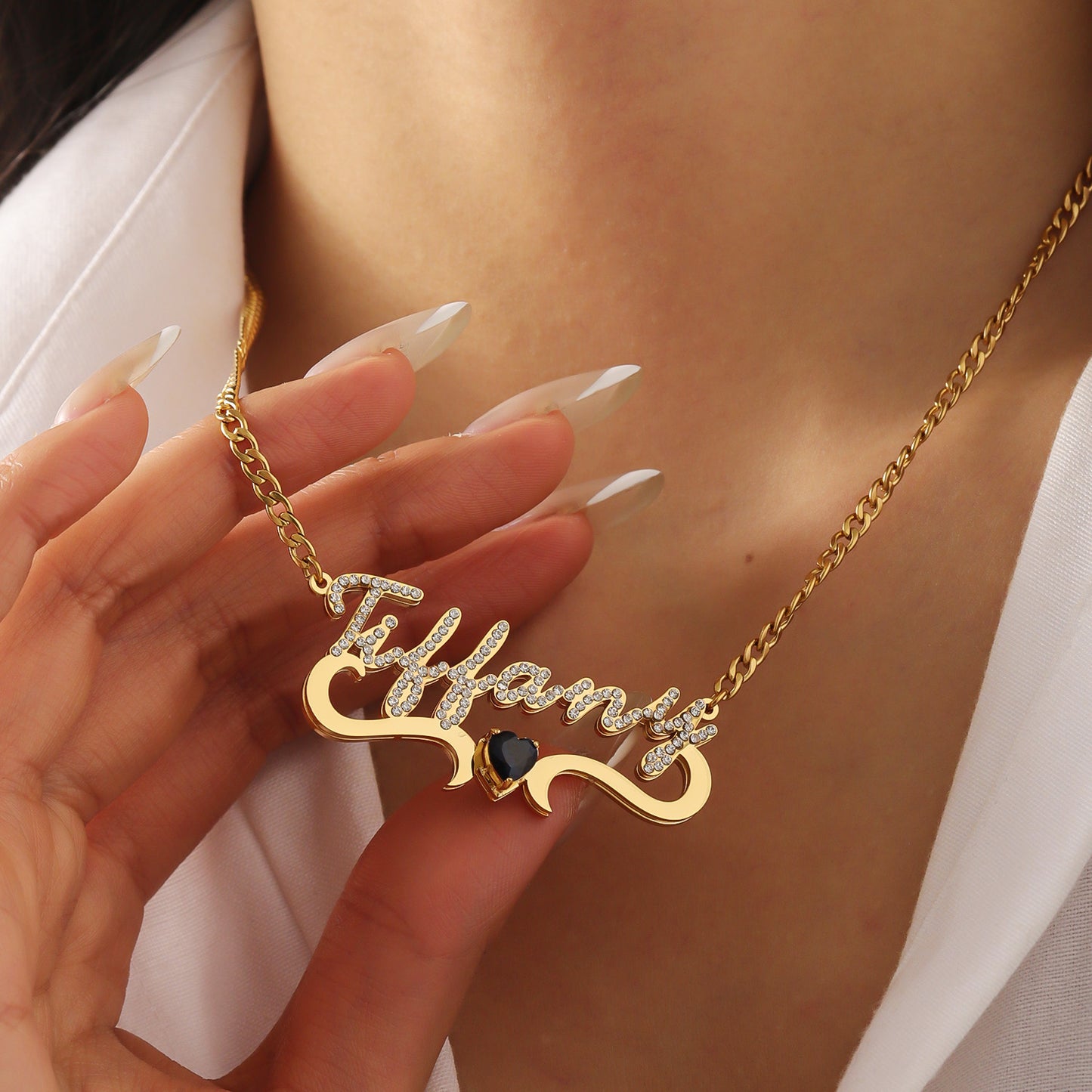 Custom Iced Out Name Necklace With Heart Birthstone  Stainless Steel Jewelry For Women Anniversary-QHN3674