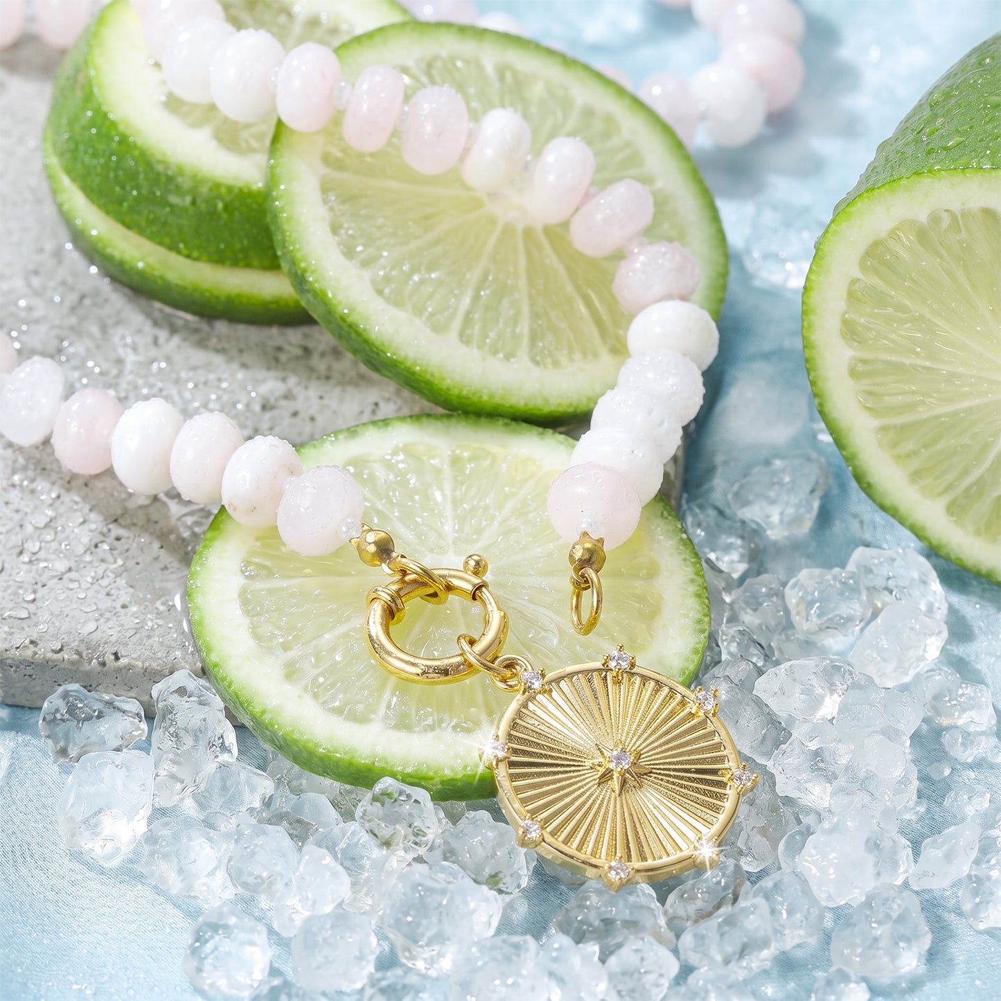 Pink Rose Quartz Natural Stone Beaded Necklace with Gold Heart Charm Bohemian Jewelry - SSN3697