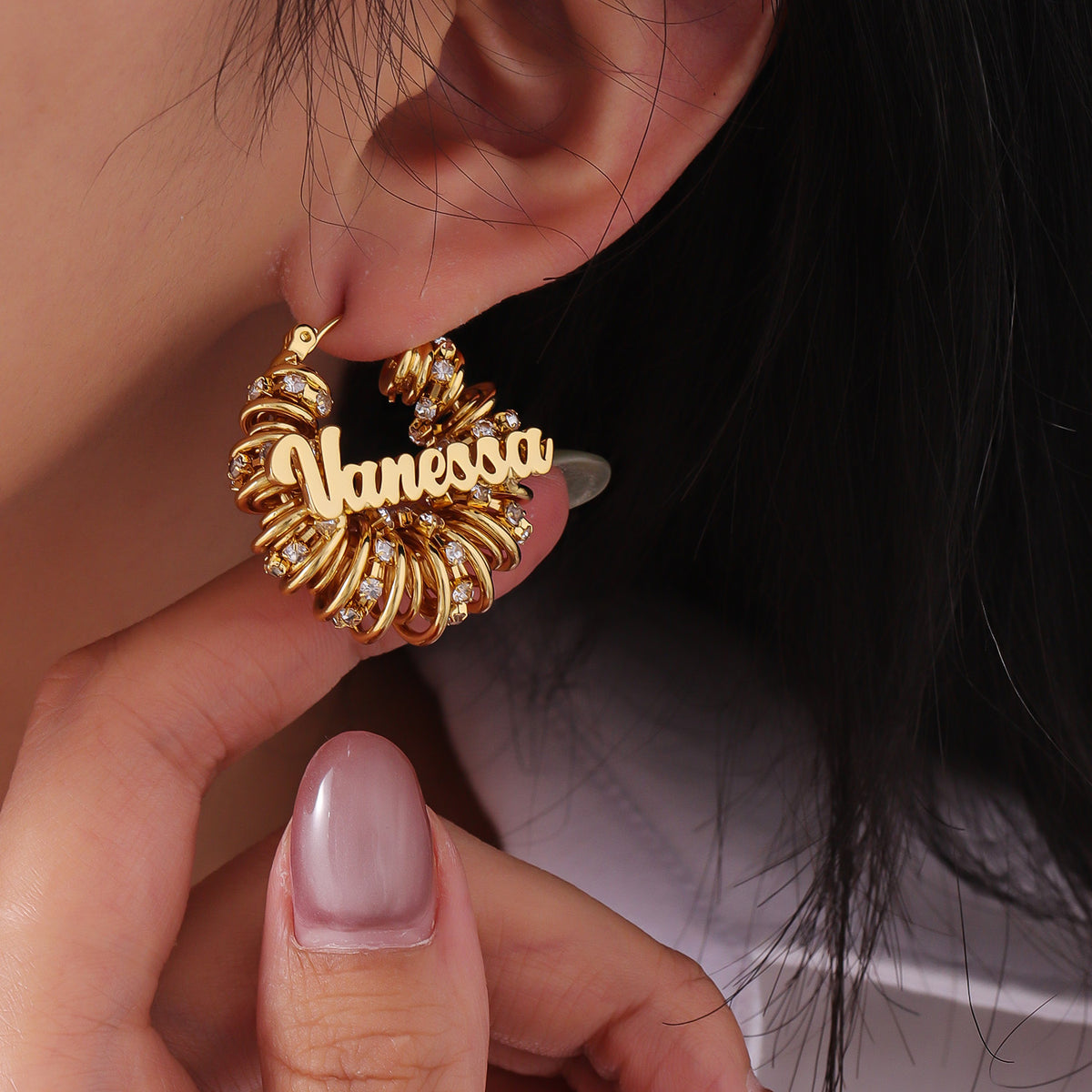 Personalized Name Hoop Earrings – Custom Gold Crystal Name Earrings for Women-QE3606
