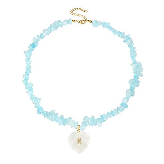 Personalized Blue Crystal Necklace Custom Letter A-Z Heart Pendant Natural Stone Bead Necklace Birthday Gift Jewelry Personalized Natural Stone Jewelry Gift