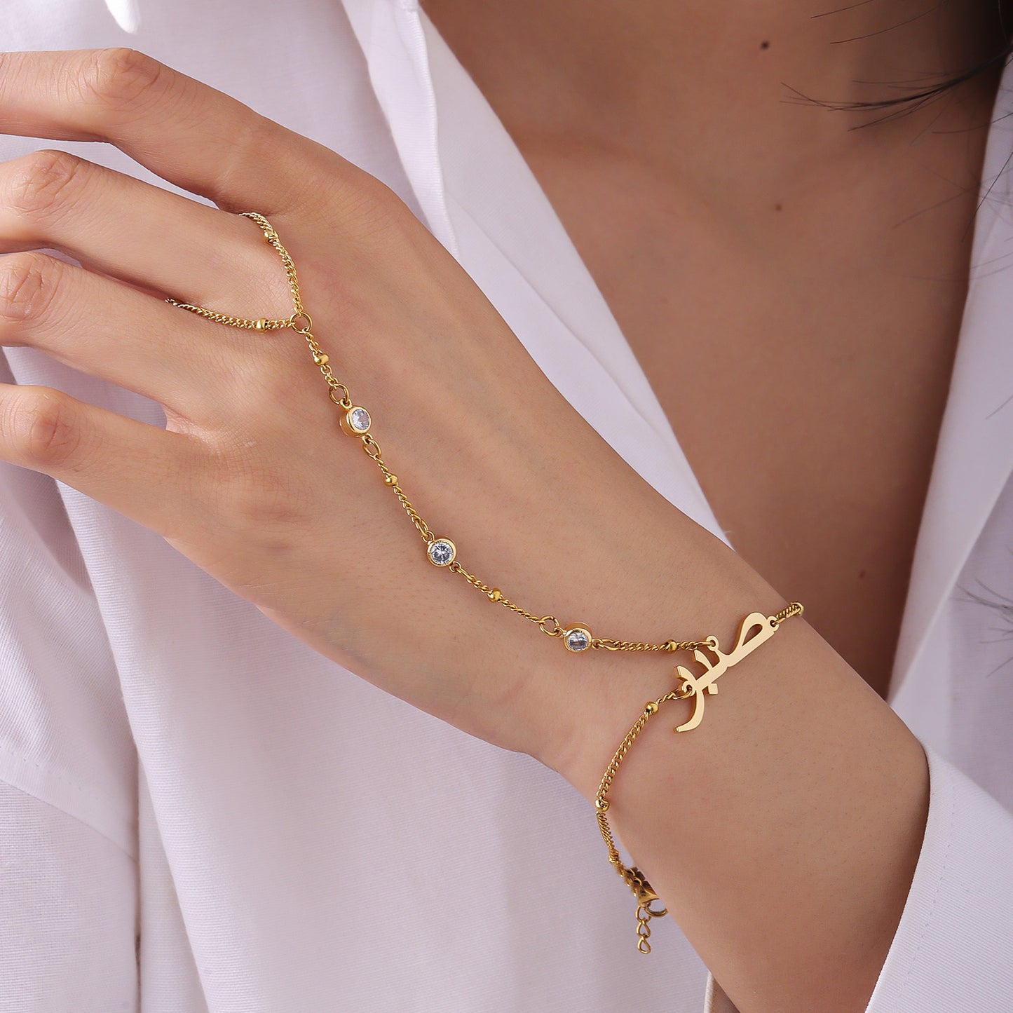 Custom Arabic Name Bracelet Personalized Name Ring Hand Chain Stainless Steel Jewelry For Women-QN3541