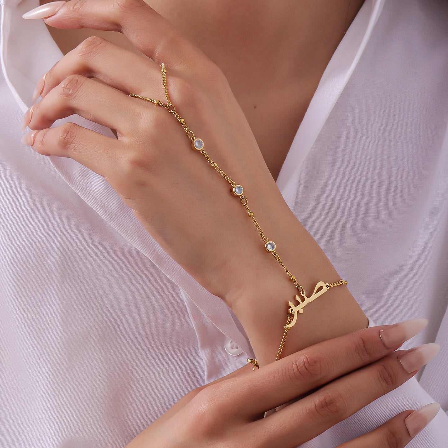 Custom Arabic Name Bracelet Personalized Name Ring Hand Chain Stainless Steel Jewelry For Women-QN3541