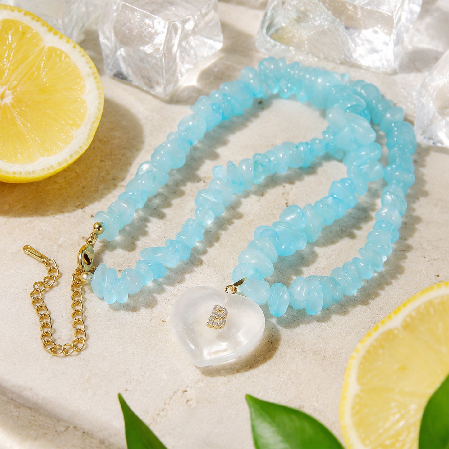 Personalized Blue Crystal Necklace Custom Letter A-Z Heart Pendant Natural Stone Bead Necklace Birthday Gift Jewelry Personalized Natural Stone Jewelry Gift