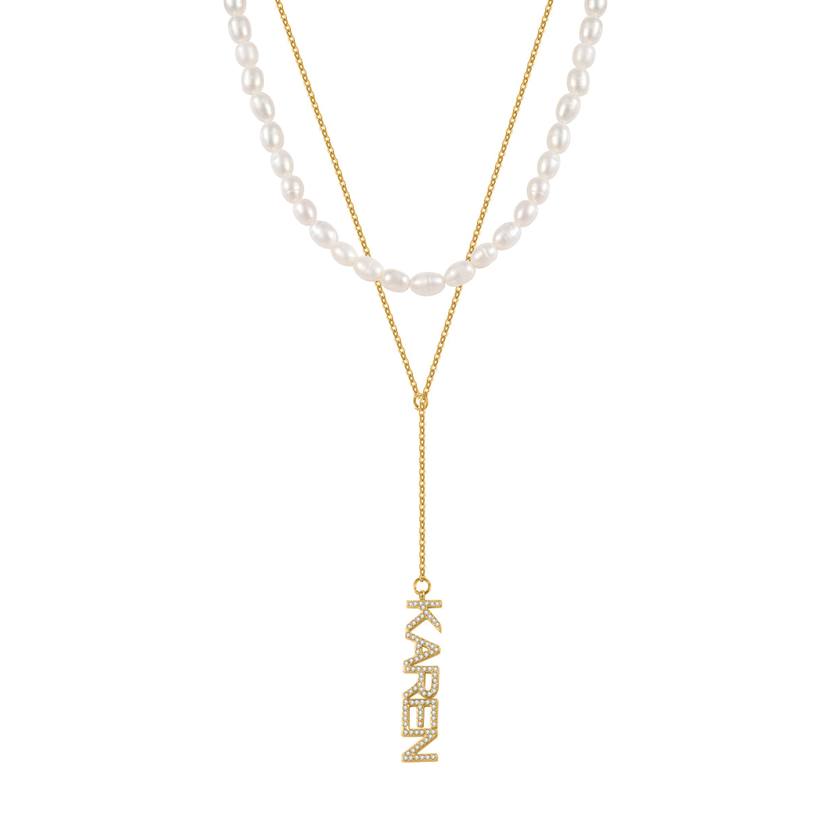 Custom Vertical Name Pearl Necklace Set – Personalized CZ Letter Pendant Layered Necklace-QZN3792