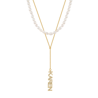 Custom Vertical Name Pearl Necklace Set – Personalized CZ Letter Pendant Layered Necklace-QZN3792