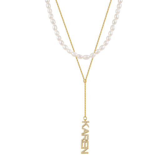 Custom Vertical Name Pearl Necklace Set – Personalized CZ Letter Pendant Layered Necklace-QZN3792