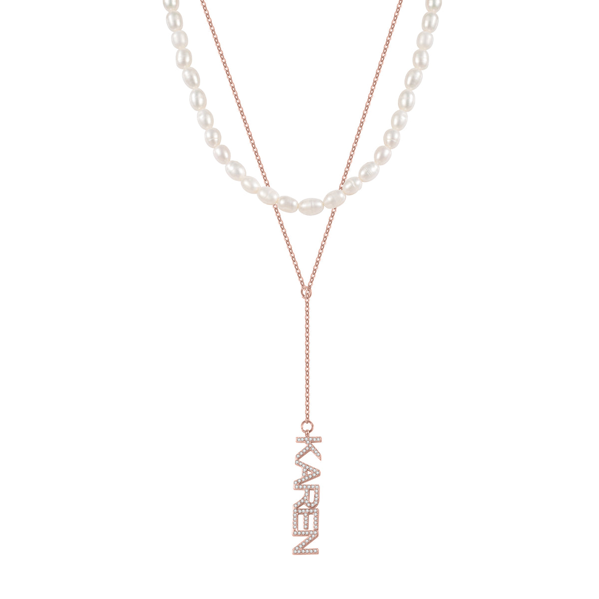 Custom Vertical Name Pearl Necklace Set – Personalized CZ Letter Pendant Layered Necklace-QZN3792