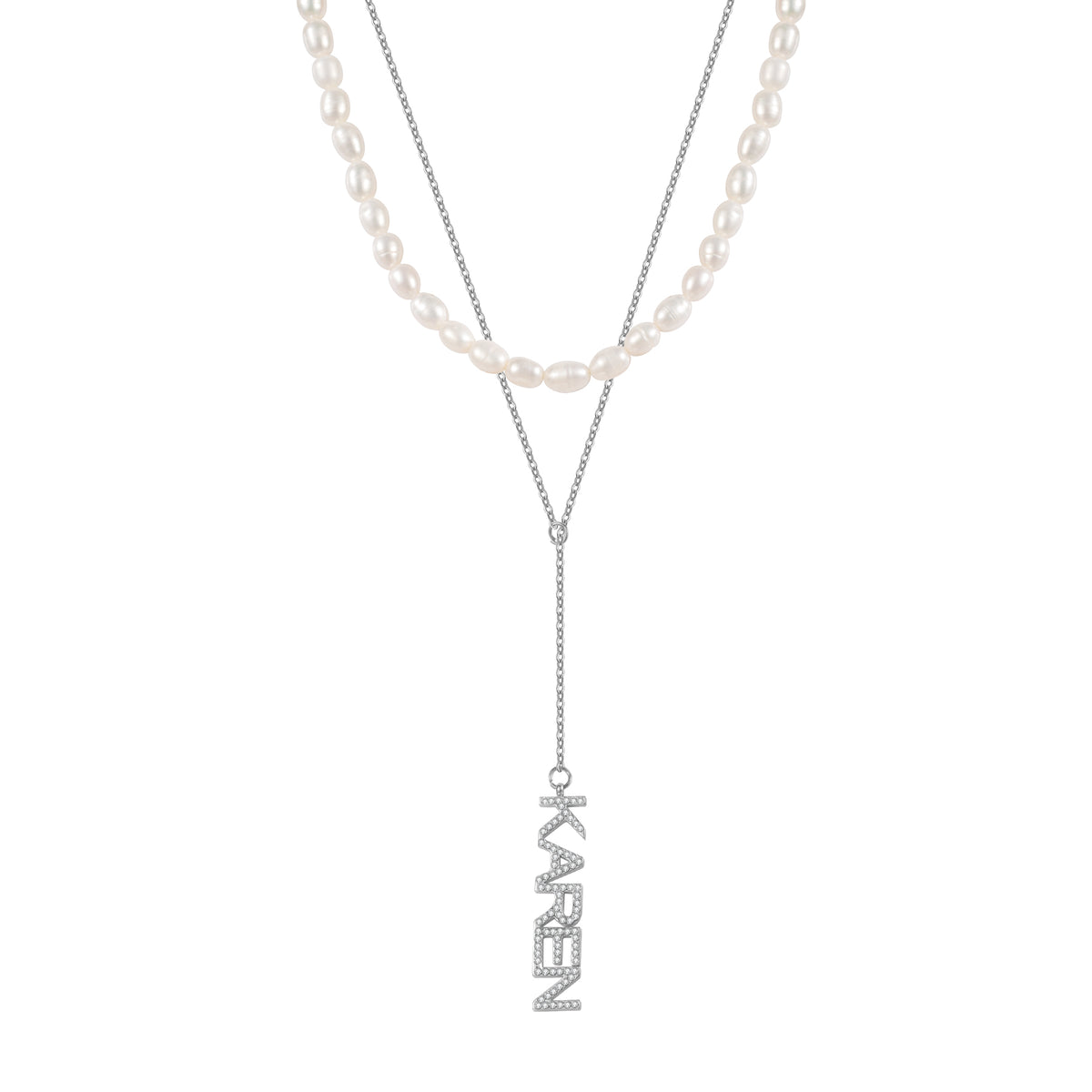 Custom Vertical Name Pearl Necklace Set – Personalized CZ Letter Pendant Layered Necklace-QZN3792