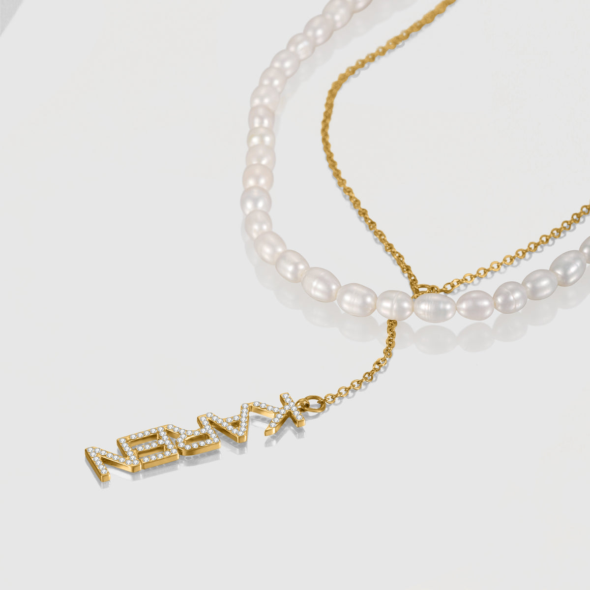 Custom Vertical Name Pearl Necklace Set – Personalized CZ Letter Pendant Layered Necklace-QZN3792