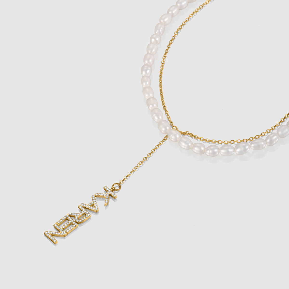 Custom Vertical Name Pearl Necklace Set – Personalized CZ Letter Pendant Layered Necklace-QZN3792