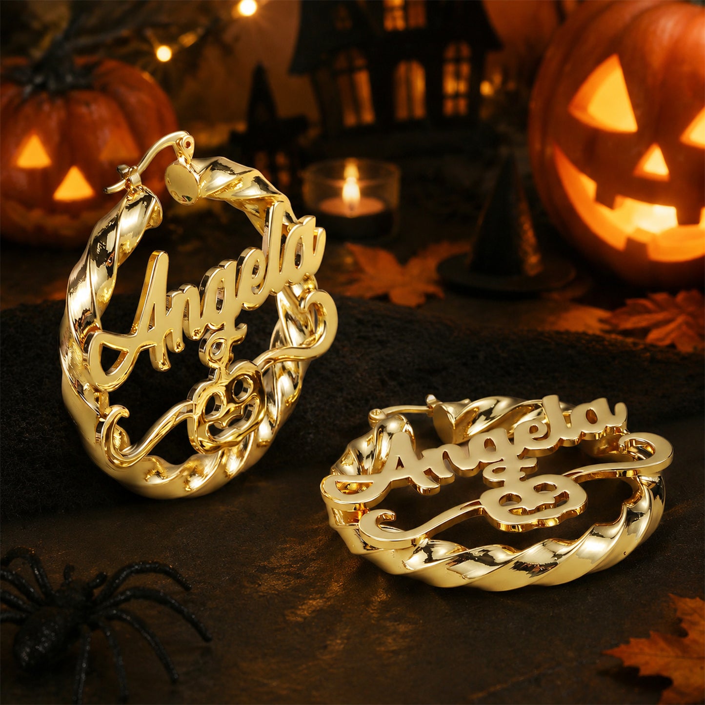 Custom Name Halloween Pumpkin Twisted Hoop Earrings, Personalized Name Hoops with Pumpkin , Custom Halloween Party Earrings Gift-HE3787
