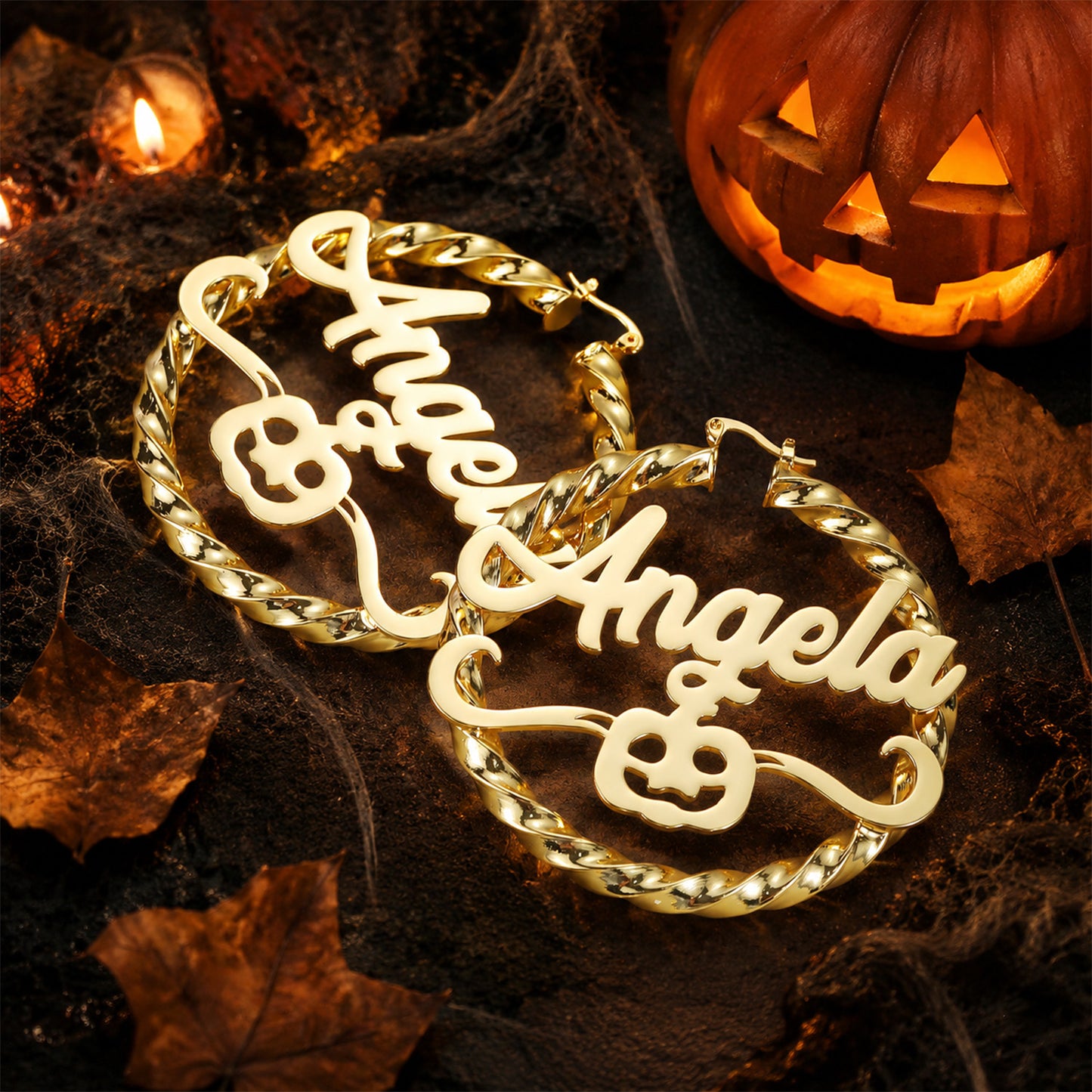 Custom Name Halloween Pumpkin Twisted Hoop Earrings, Personalized Name Hoops with Pumpkin , Custom Halloween Party Earrings Gift-HE3787