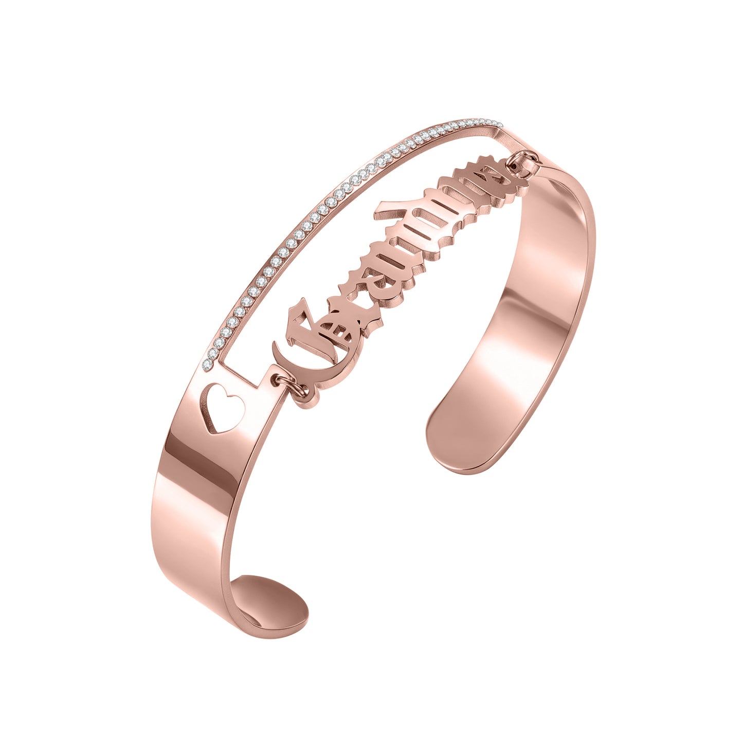 Custom Gothic  English Name Cuff Bracelet, Paved Crystal Open Bangle With Heart Cutout-KCB3819