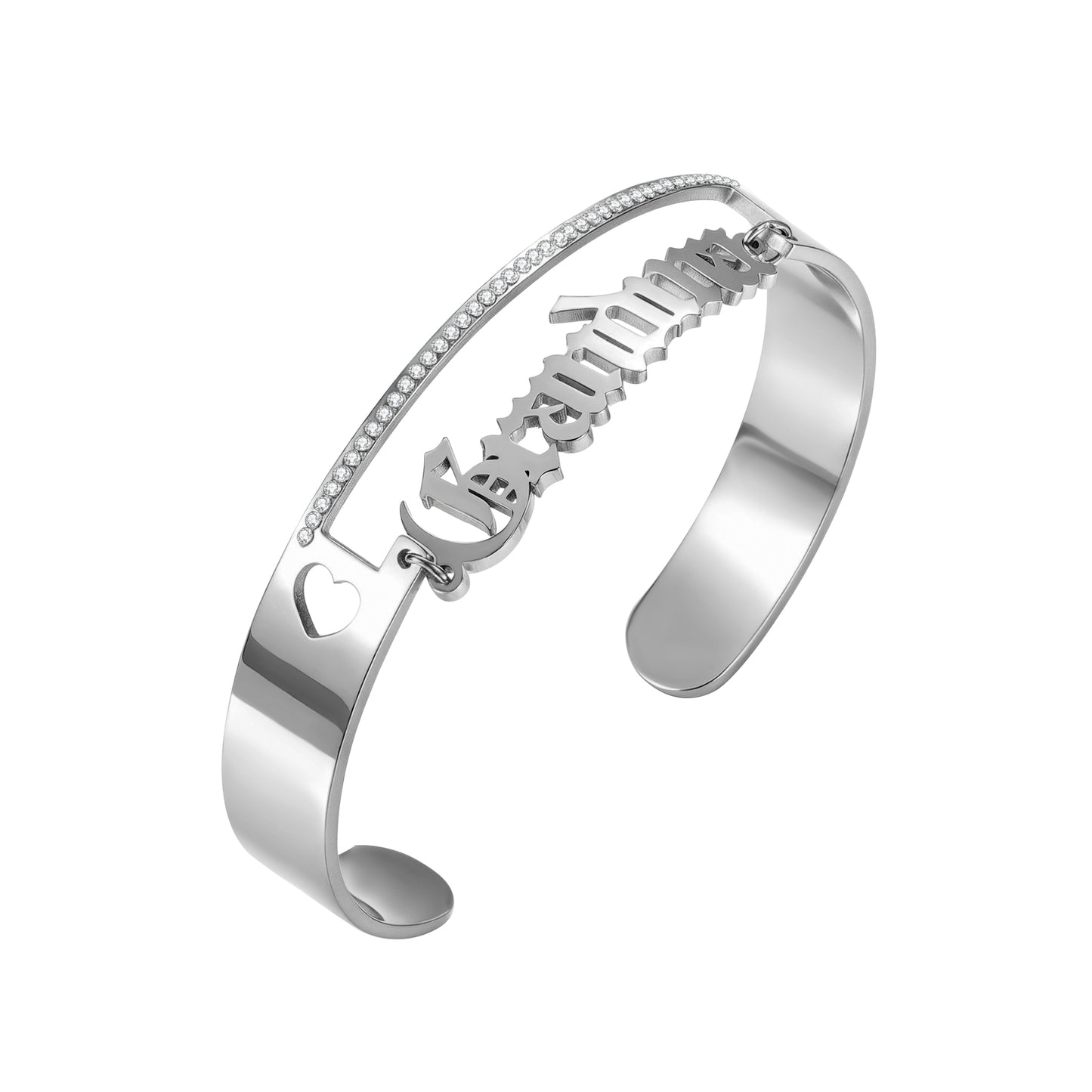 Custom Gothic  English Name Cuff Bracelet, Paved Crystal Open Bangle With Heart Cutout-KCB3819