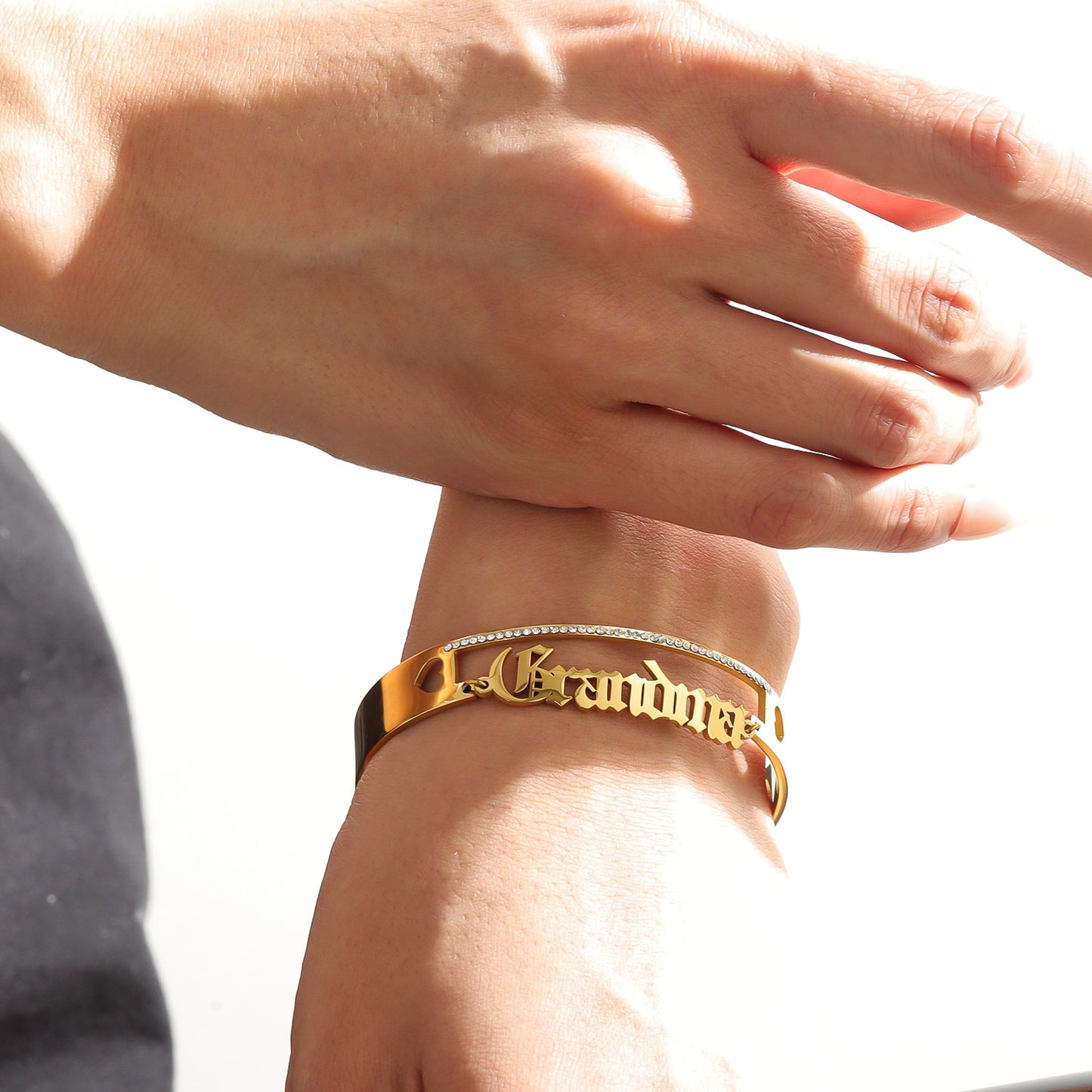 Custom Gothic  English Name Cuff Bracelet, Paved Crystal Open Bangle With Heart Cutout-KCB3819