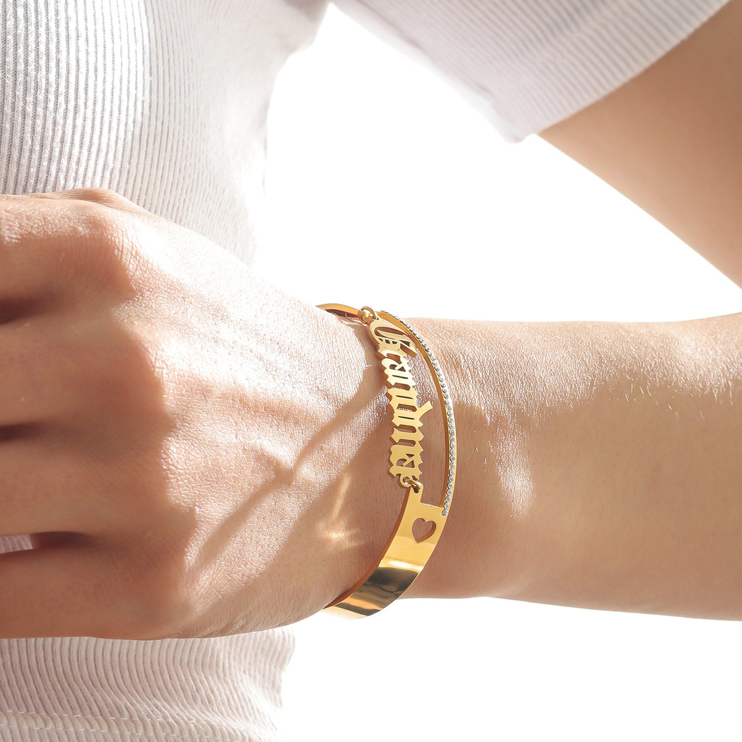 Custom Gothic  English Name Cuff Bracelet, Paved Crystal Open Bangle With Heart Cutout-KCB3819