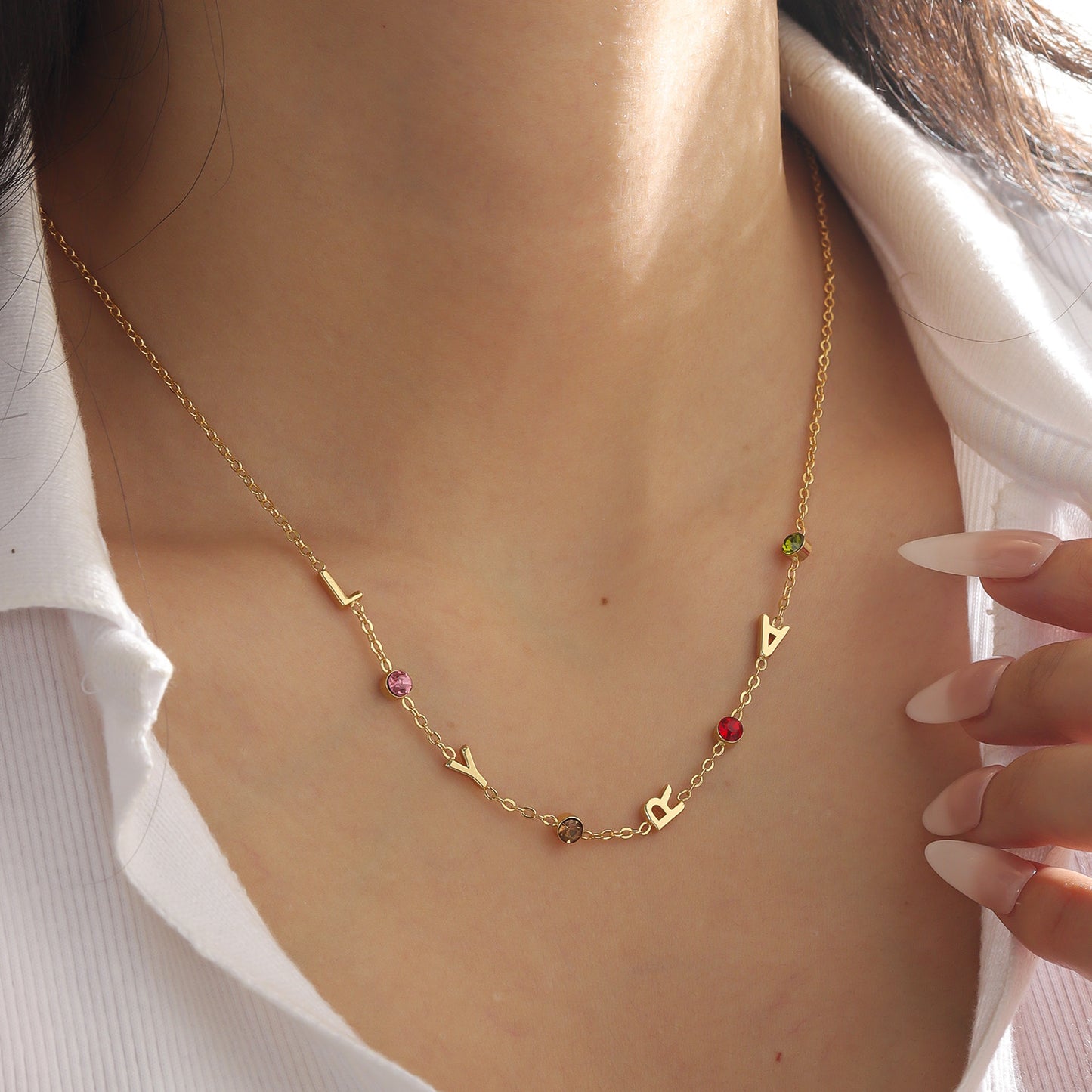 Personalized Name Necklace with Birthstones – Custom Letter Necklace for Women-KCN3811