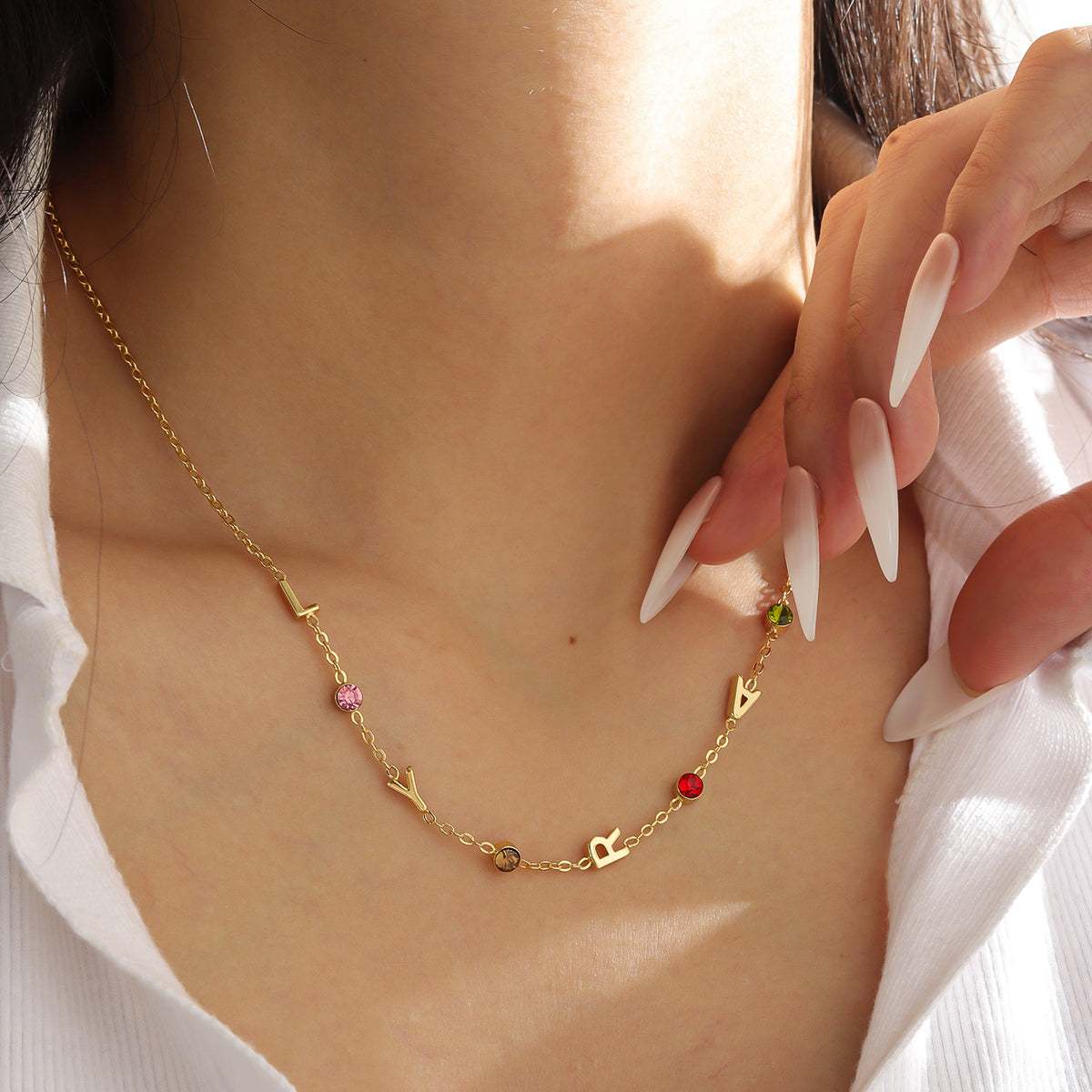 Personalized Name Necklace with Birthstones – Custom Letter Necklace for Women-KCN3811