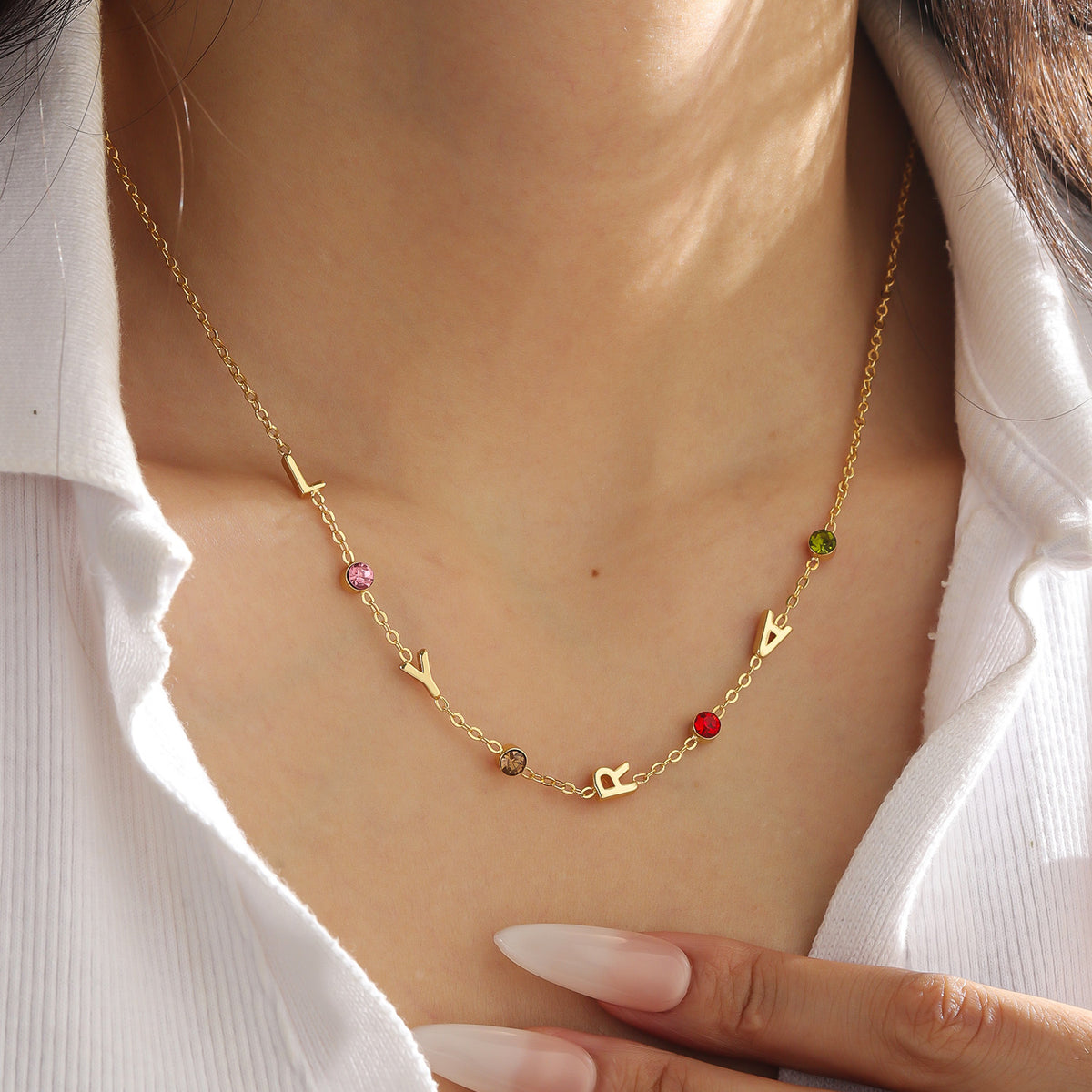 Personalized Name Necklace with Birthstones – Custom Letter Necklace for Women-KCN3811