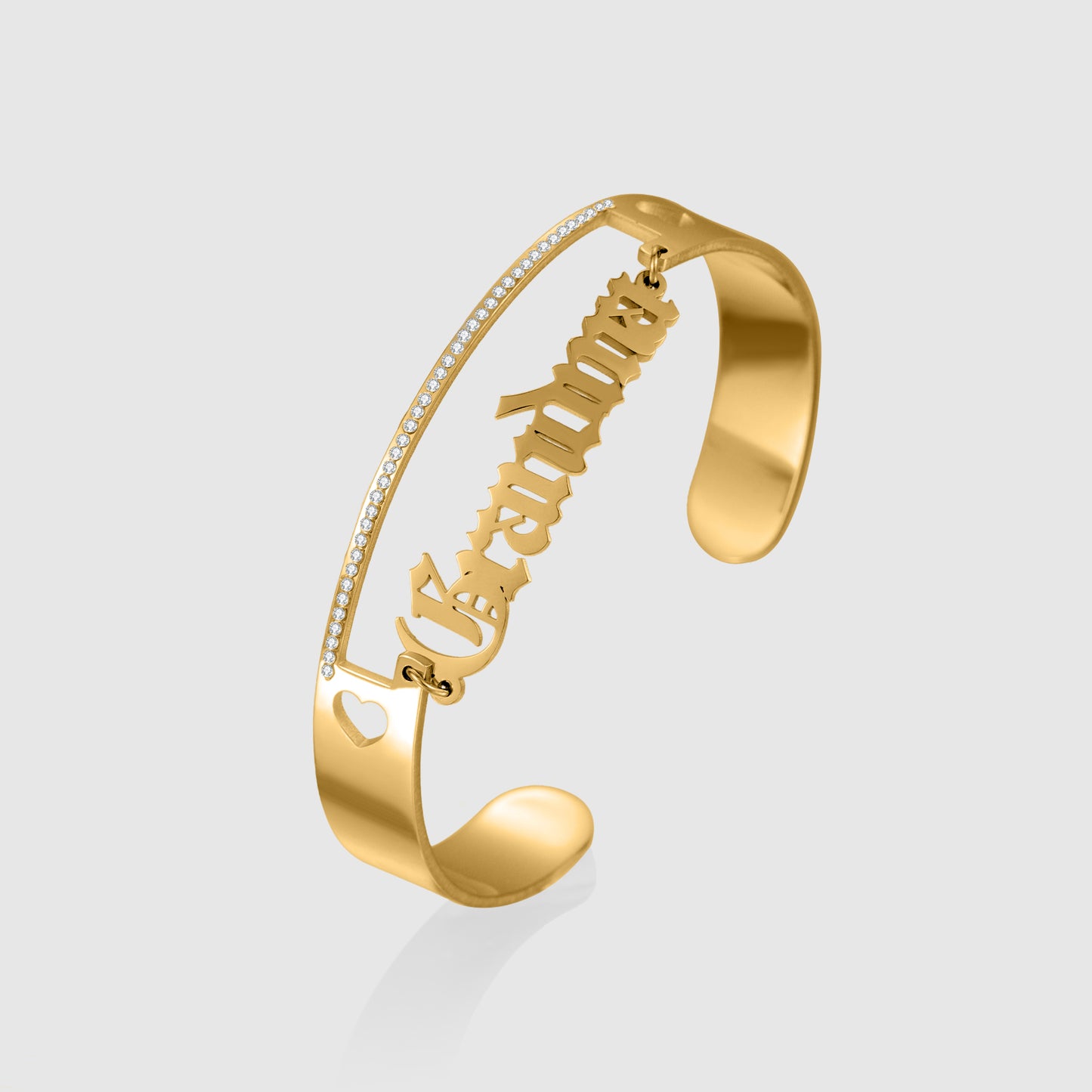 Custom Gothic  English Name Cuff Bracelet, Paved Crystal Open Bangle With Heart Cutout-KCB3819