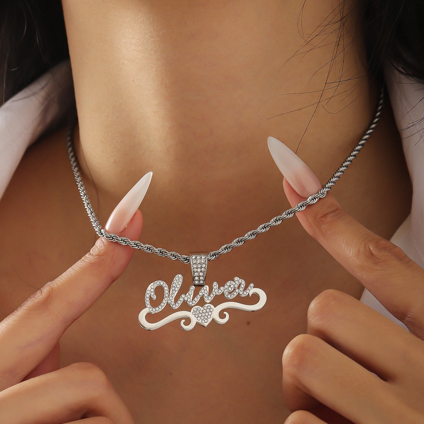 Personalized Stainless Steel Name Necklace With Rhinestones-QHN3656
