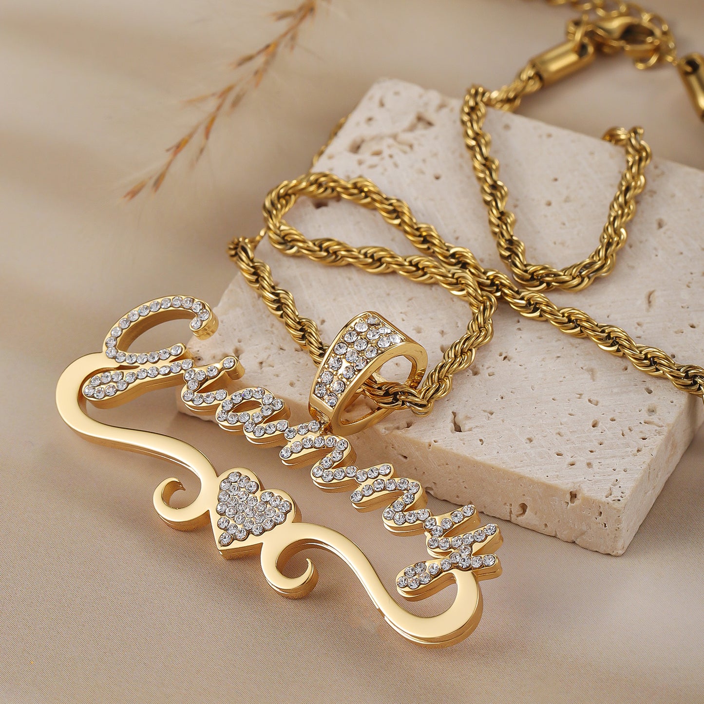 Personalized Stainless Steel Name Necklace With Rhinestones-QHN3656