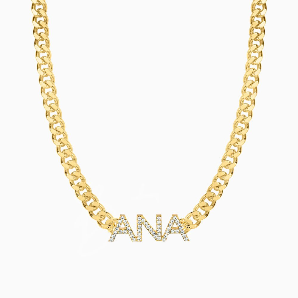 Custom Zircon Letter Cuban Chain Necklace, Personalized Stainless Steel Nameplate Jewelry Gift for Women-QN8081