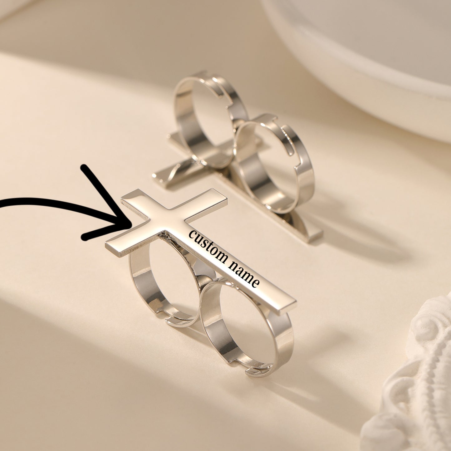 Custom Name Cross 18k Gold Plating Rings For Two Fingers - QHR3577
