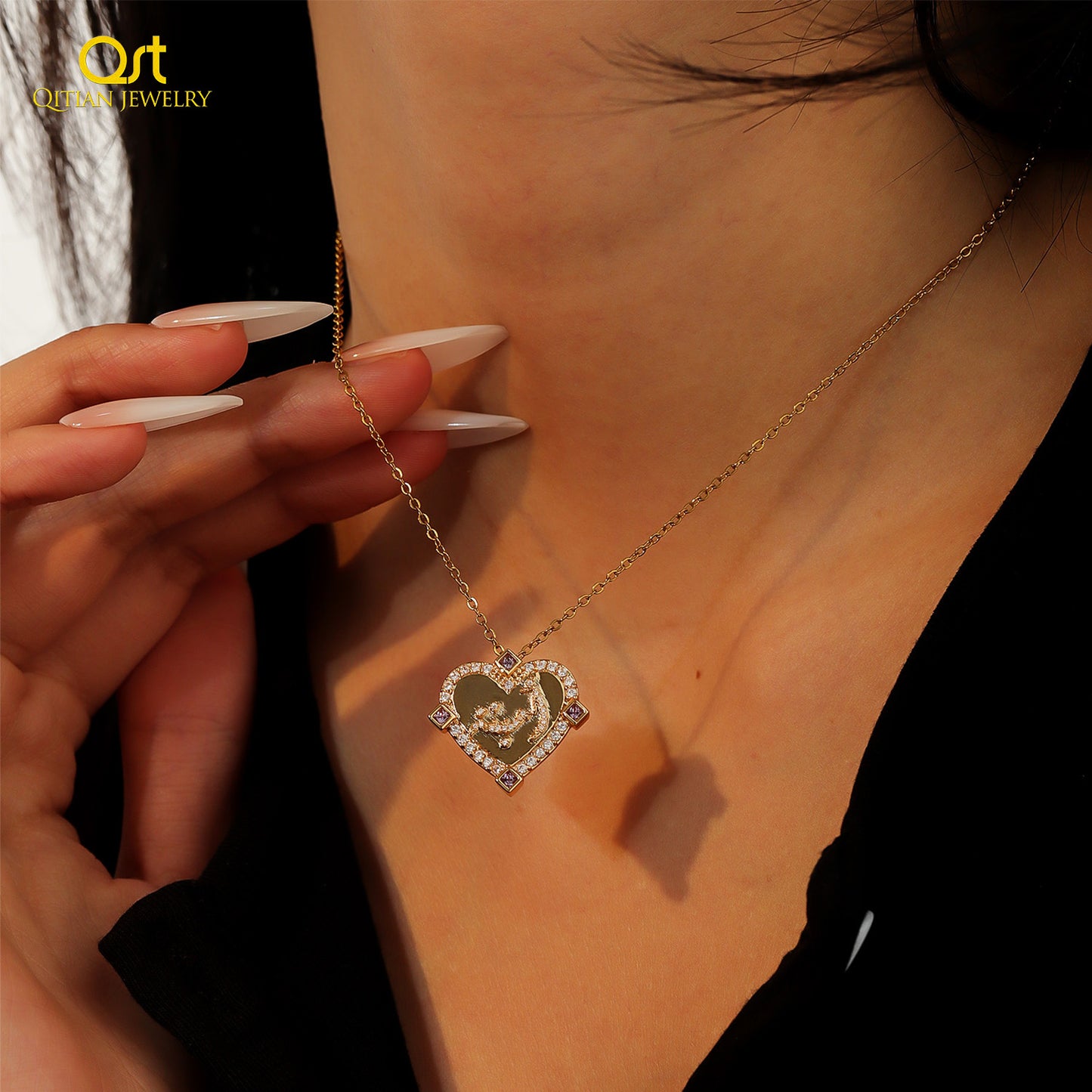Custom Arabic Name Heart Necklace 3D Cubic Zirconia Stainless Steel Personalized Pendant Necklace for Women Islamic Jewelry Gift-3DN3695