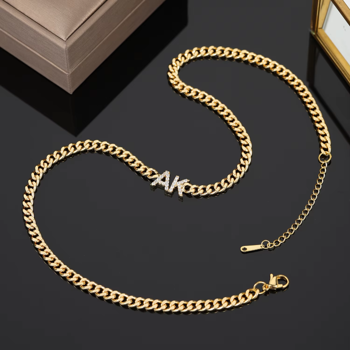 Custom Zircon Letter Cuban Chain Necklace, Personalized Stainless Steel Nameplate Jewelry Gift for Women-QN8081