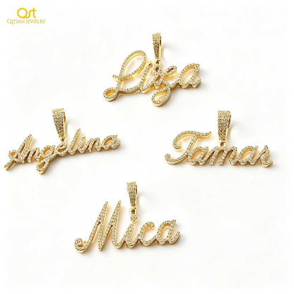 Customized Cursive Name Pendant Moissanite Iced Out Personalized Name Necklace Gold Plated Custom Pendant Gift For Women-3DN3866