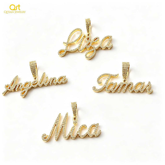 Customized Cursive Name Pendant Moissanite Iced Out Personalized Name Necklace Gold Plated Custom Pendant Gift For Women-3DN3866