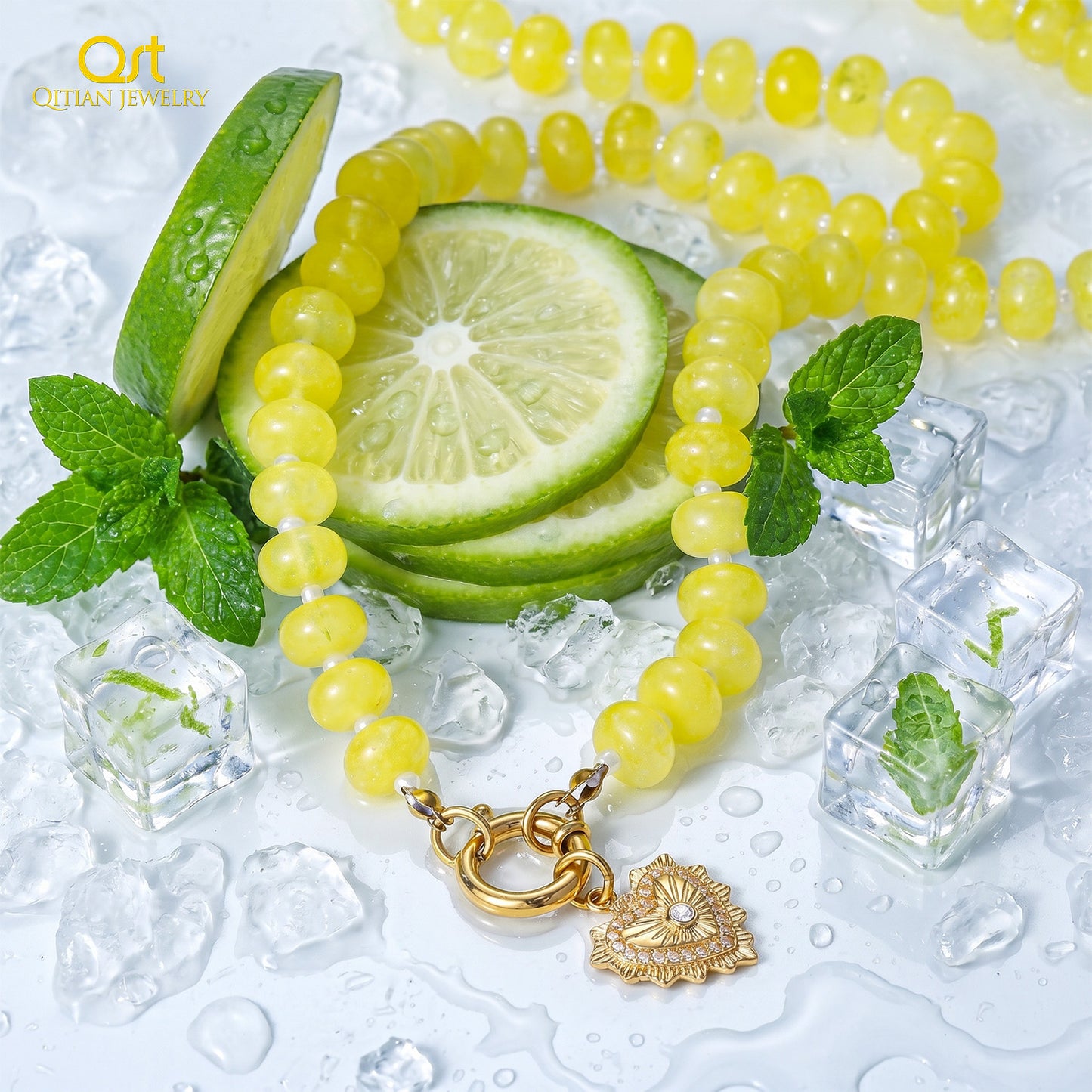 Yellow Quartz Natural Stone Beaded Necklace with Gold Heart Charm Bohemian Jewelry - SSN3698