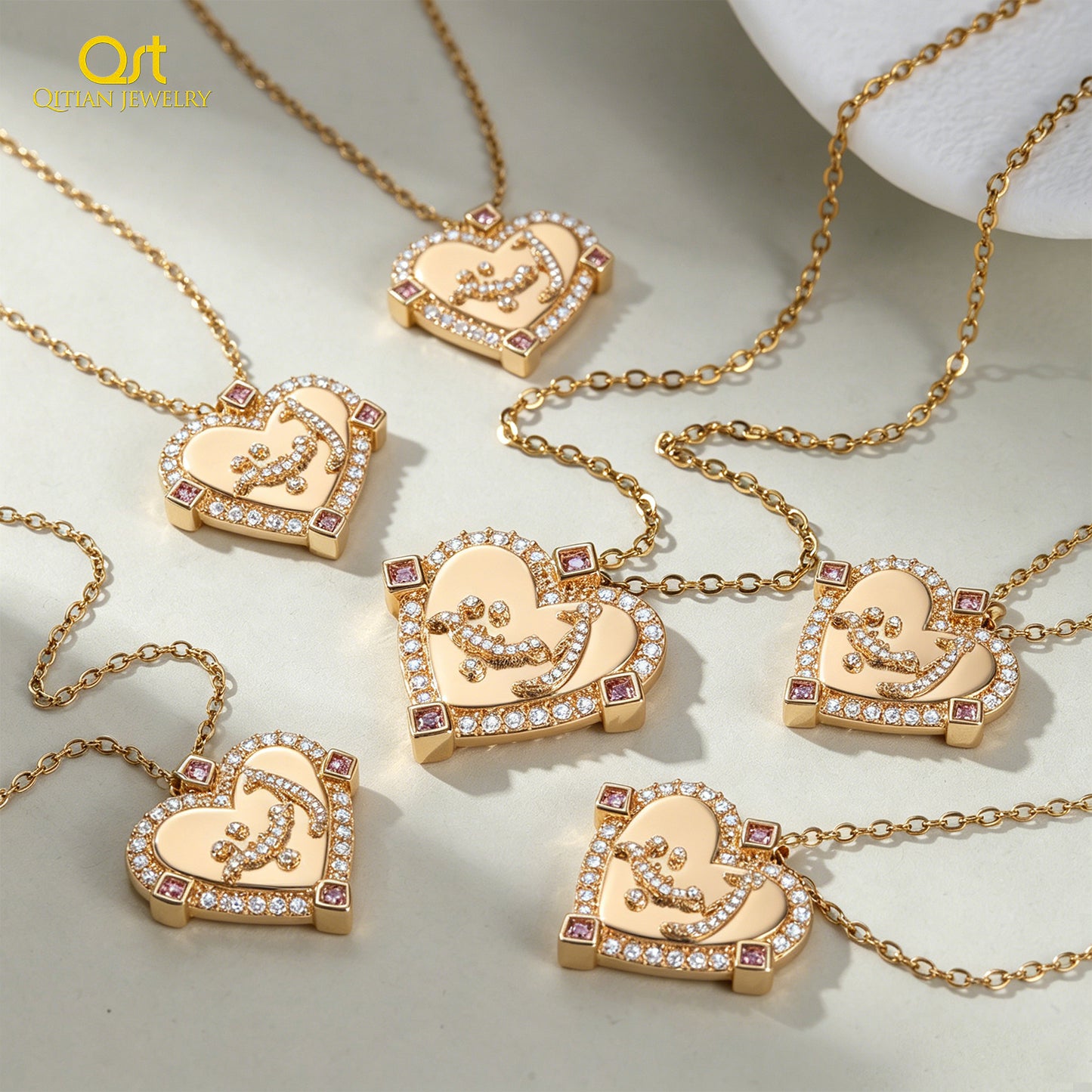 Custom Arabic Name Heart Necklace 3D Cubic Zirconia Stainless Steel Personalized Pendant Necklace for Women Islamic Jewelry Gift-3DN3695