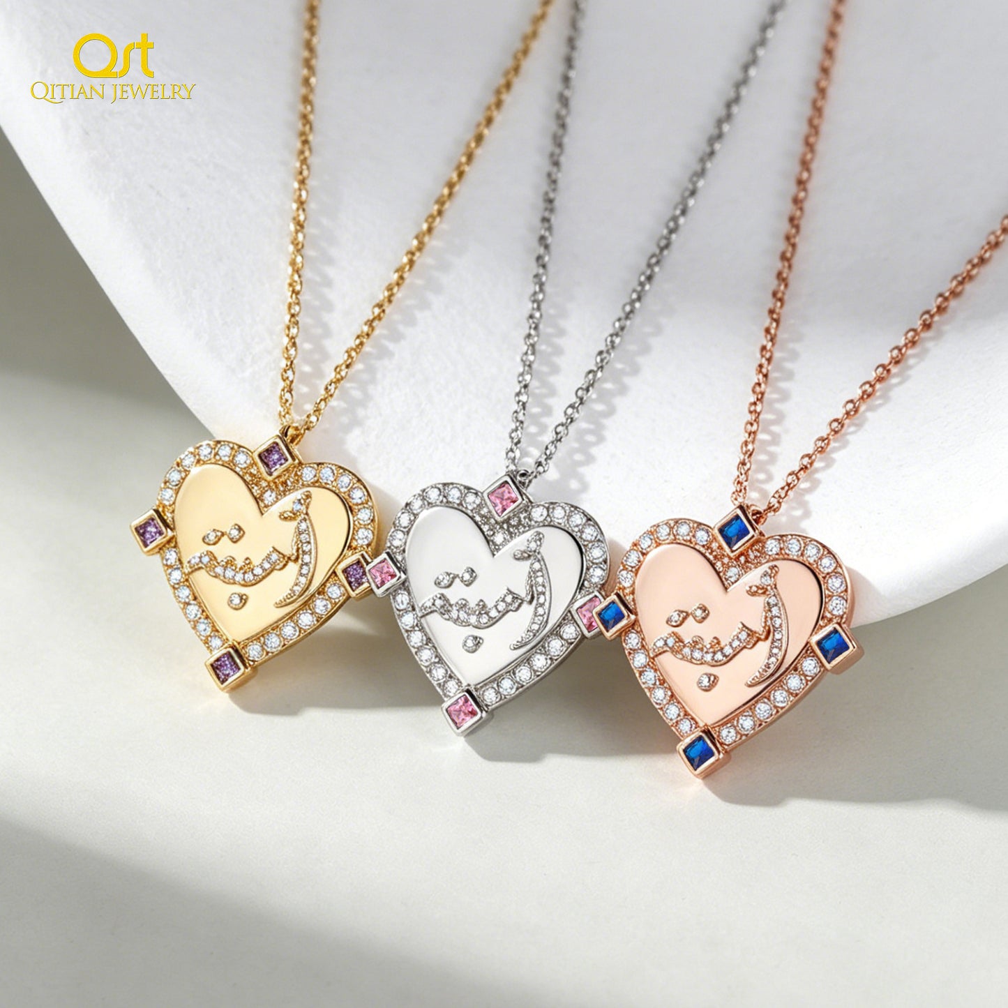 Custom Arabic Name Heart Necklace 3D Cubic Zirconia Stainless Steel Personalized Pendant Necklace for Women Islamic Jewelry Gift-3DN3695