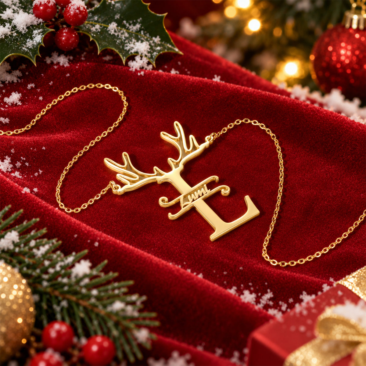 Custom Reindeer Antler Initial Name Necklace, Christmas Gift for Her-QN3889