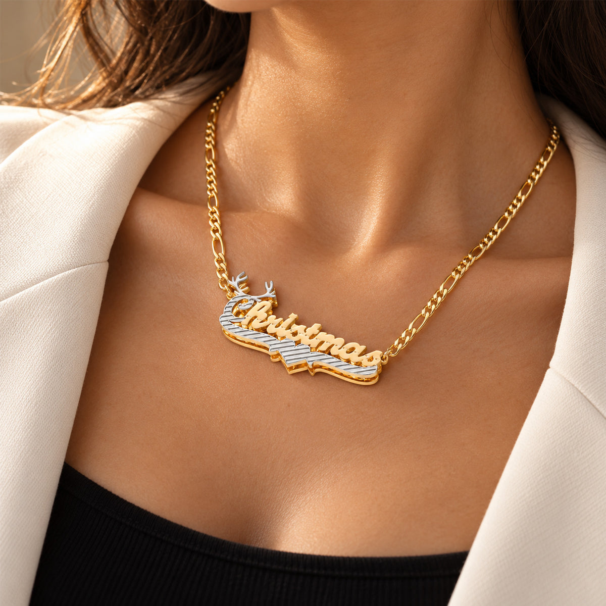 Custom Two-Tone Reindeer Name Necklace, Christmas Gift for Her-SSN3893