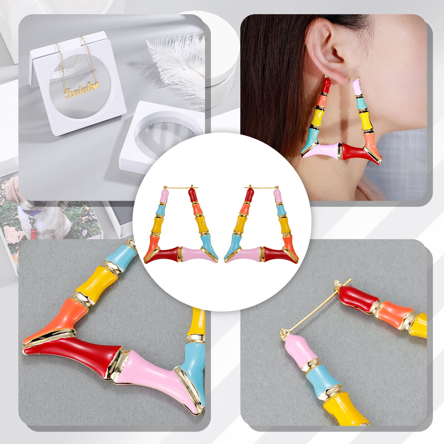 Boucles d'oreilles en bambou trapézoïdales colorées QE416