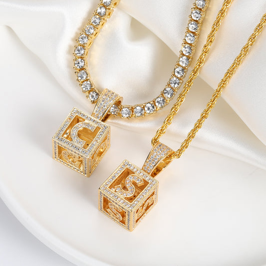 Dice Square Hollow Letters Pendant Gold Chain QN12033