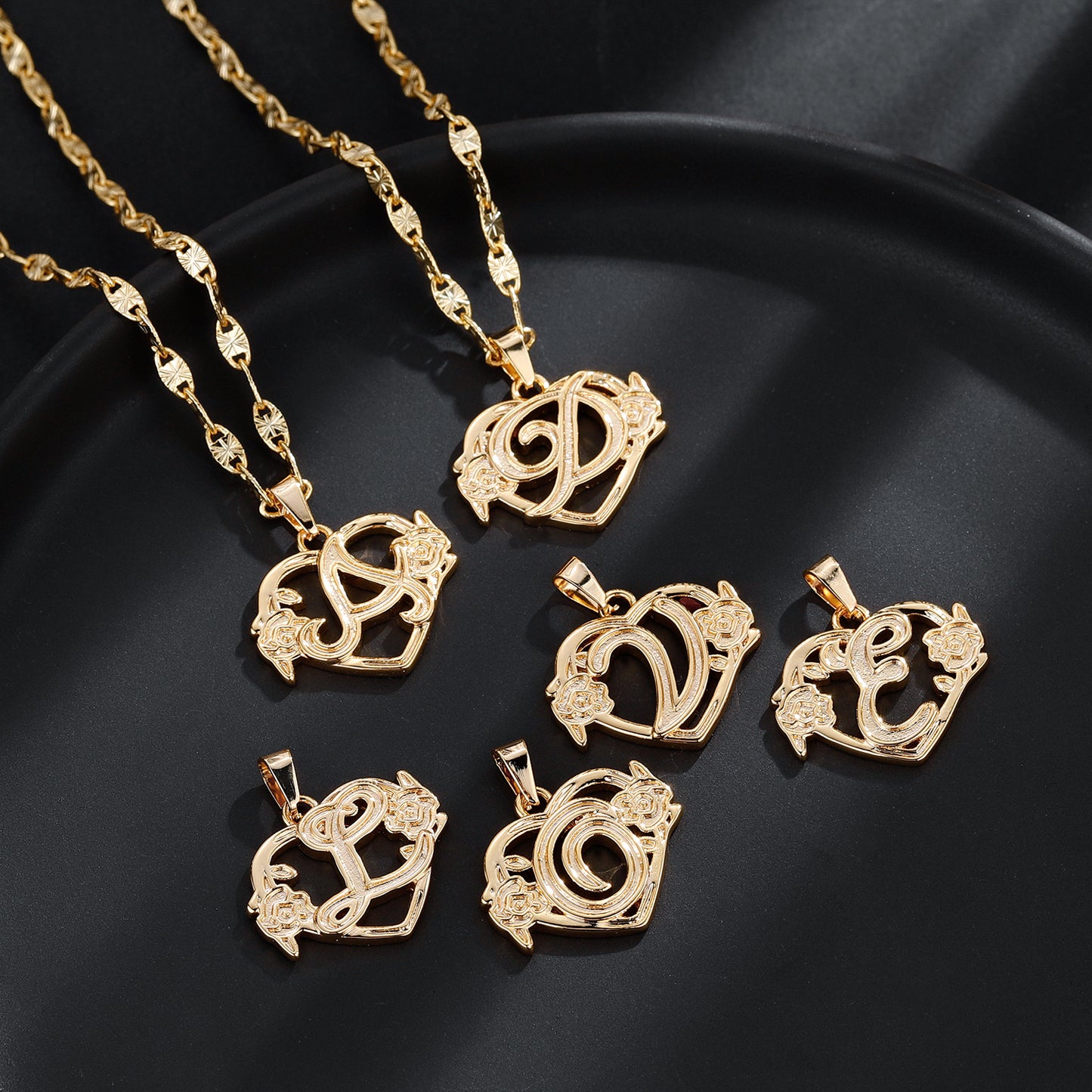 Rose Heart Initial Letter Necklace SN614