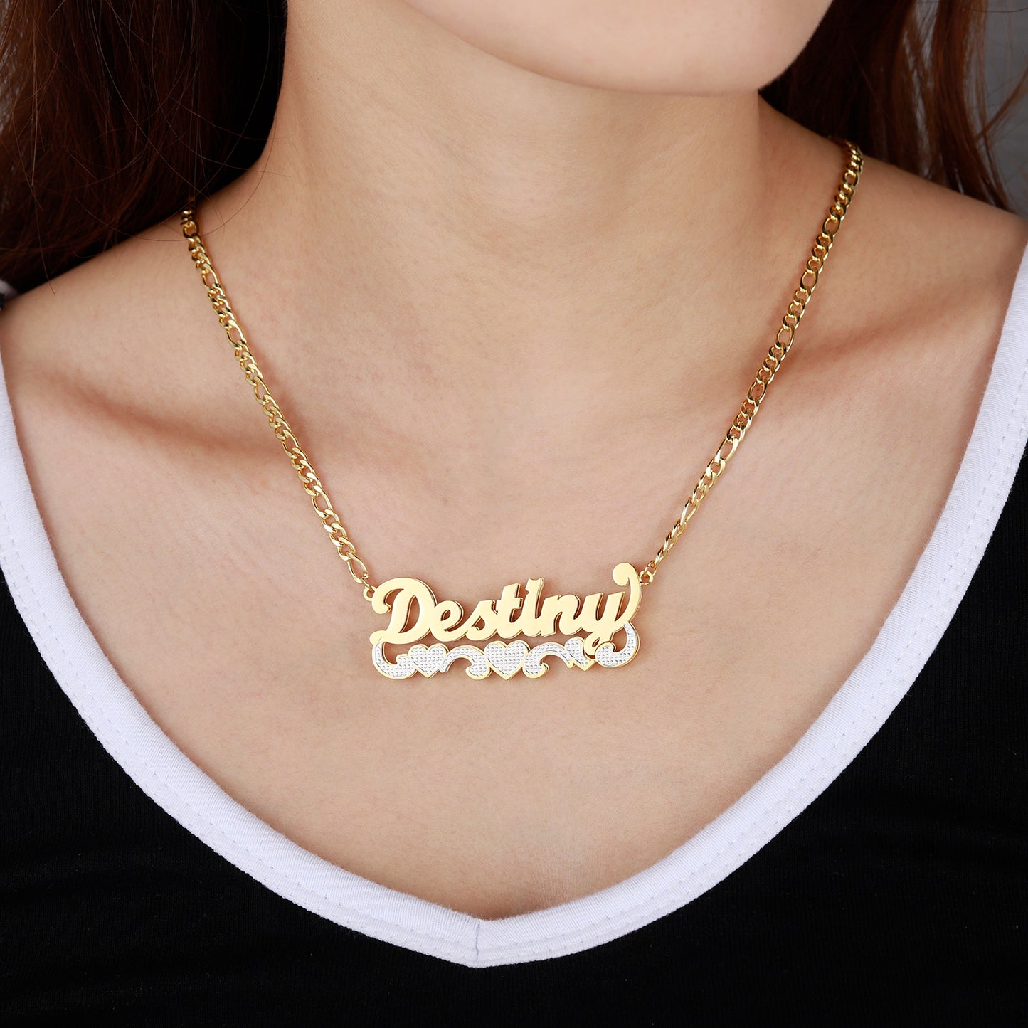 Double Plate Two Tone Heart Name Necklace QN435