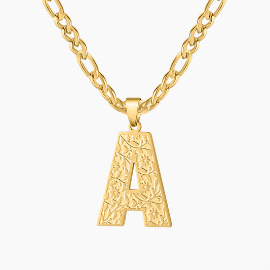 Flower Texture Initial Curb Chain Necklace SN2577
