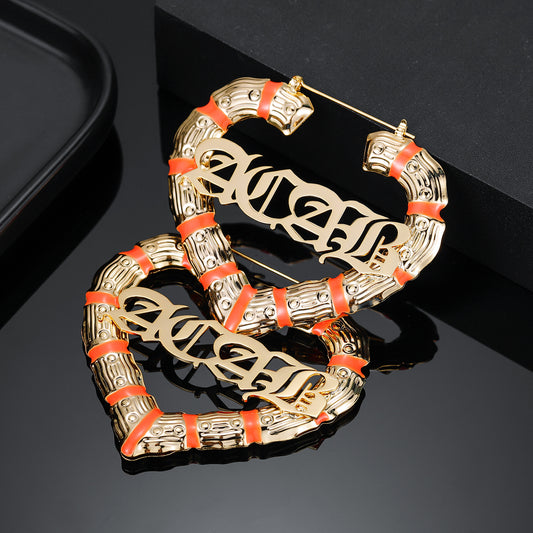Orange Heart Name Bamboo Earrings QE413